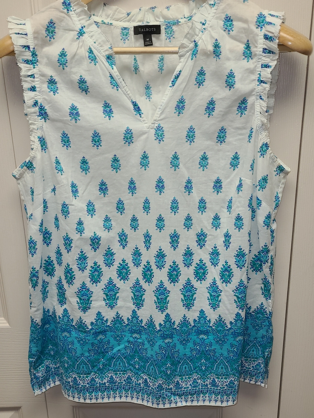 Talbots Cotton White & Turquoise boho Printed Sleeveless V-Neck Top